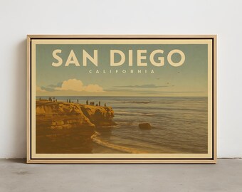 Arte mural del horizonte de San Diego: impresión vintage de San Diego, CA, lienzo enmarcado, lienzo estirado, póster de San Diego, decoración de paisajes urbanos.