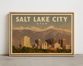 Arte mural del horizonte de Salt Lake City: impresión vintage de Salt Lake City, Utah, lienzo enmarcado, lienzo estirado y póster de Salt Lake City.