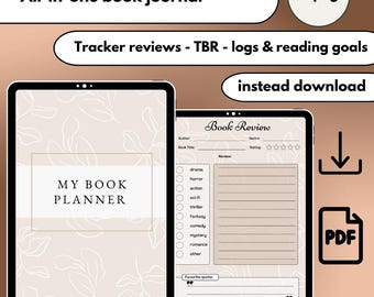 Könnte beinhalten: Digitaler Buchplaner mit beigem floralem Design. Der Planer enthält Abschnitte für Buchbesprechungen, Lesenziele und TBR-Protokolle. Der Text auf dem Planer lautet "My Book Planner". Das Bild enthält auch den Text "All-in-one book journal".
