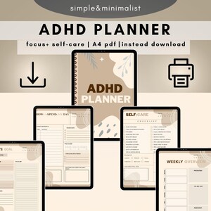 May include: An ADHD planner with a minimalist design. The cover features the text "ADHD PLANNER" in a bold font, with the words "focus + self-care" below. Several digital pages display daily and weekly planning templates.