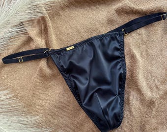 Black double side satin men thong, luxury lingerie for men, sexy mens underwear, gay lingerie