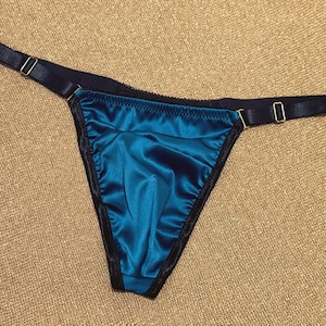 Luxury Teal Green Satin men's thong, lingerie for men, Crossdressing underwear, blue handmade thong for men