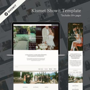 May include: A laptop and smartphone display a wedding photography website template. The website features images of a wedding, with text that reads "Kismet Weddings" and "A Delightfully Relaxed Wedding Photography Experience."