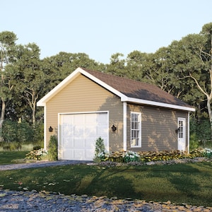 May include: A detached garage with a brown roof, tan siding, and a white garage door. The building has a small window and a door. The garage is surrounded by green grass, trees, and a gravel driveway.