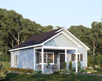 24' x 26' Orchard Cottage House Plan (Reversed) | 1 Bedroom 1 Bath Single Story Home | 623 SF Blueprint PDF (Slab On Grade Foundation)