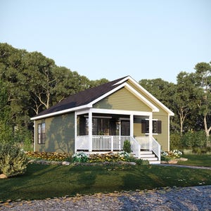 以下が含まれることがあります： 白いポーチと黒い屋根の小さな緑色の家。家には白い手すりとポーチに通じる階段があります。家は木と草に囲まれています。