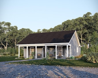 33' x 24' Oaklands Cottage House Plan | 2 Bedroom 1 Bath Single Story Home | 864 SF Blueprint PDF (Slab on Grade Foundation)