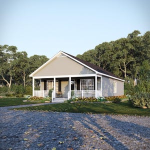 May include: A light gray house with a white porch and railing. The house has a dark roof and is surrounded by green trees and grass. A gravel driveway leads up to the house.