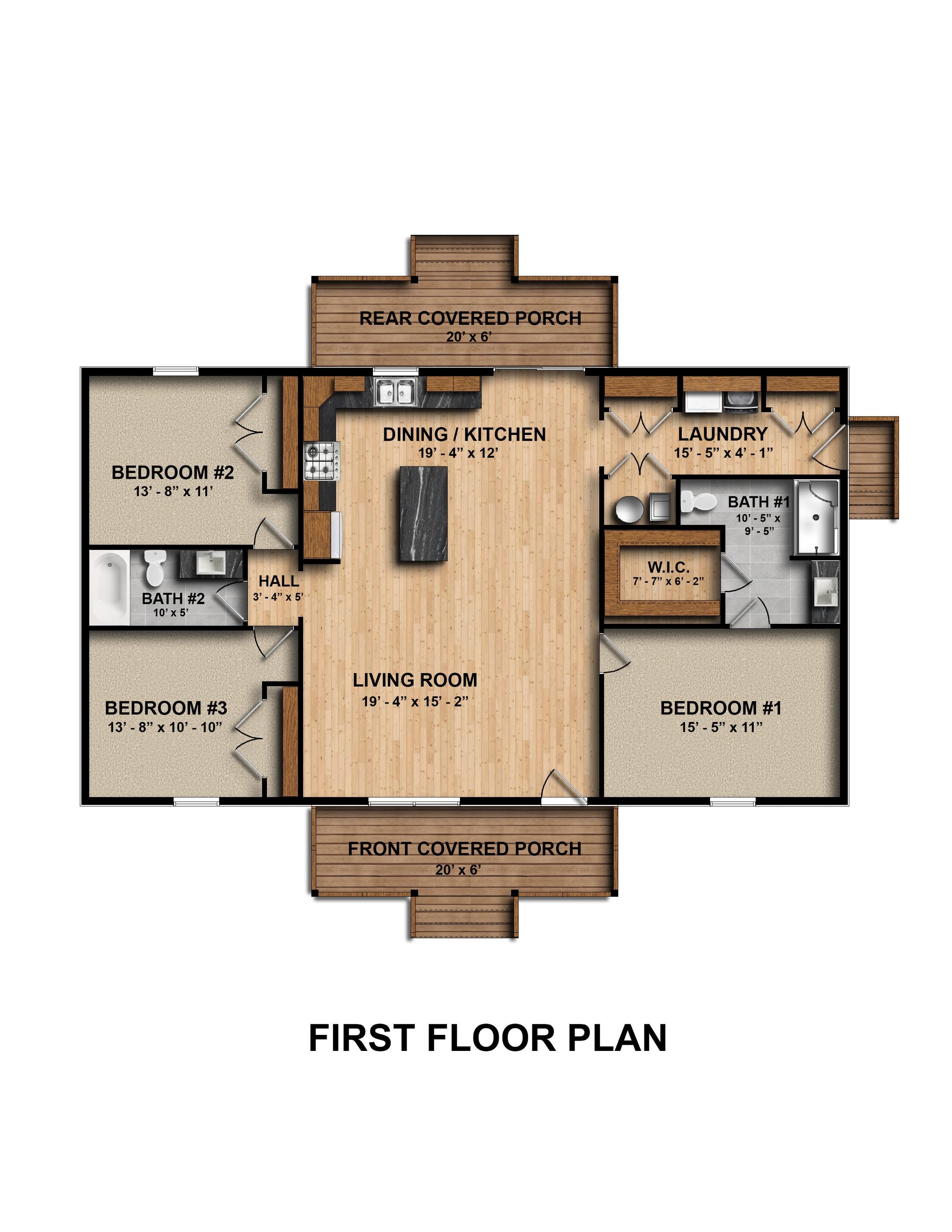 50' X 28.5' Pinebark Ranch House Plan (reversed) | 3 Bedroom 2 Bath ...