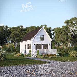 16&#39; x 26&#39; Woodhaven Cabin Plan with Loft | 1 Bedroom 1 Bath + Vaulted Living Area | 570 SF Tiny Home Blueprint PDF (Crawlspace Foundation)