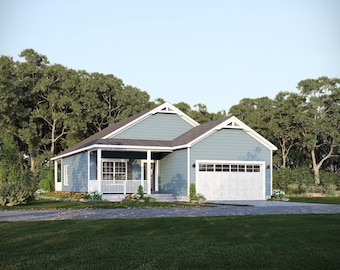 37 'x 60' Alpine Ranch Hausplan (umgedreht) | 3 Schlafzimmer 2 Bad 2 Autogarage 1 Geschichte Haus | 1427 SF Blueprint PDF (Crawlspace Foundation)