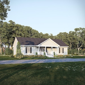 May include: A light blue house with a dark grey roof, white trim, and black shutters. The house has a front porch with white railings and steps. The house is surrounded by green grass and trees.