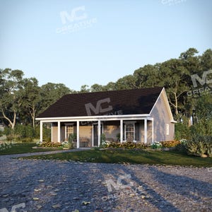 33' x 24' Oaklands Cottage House Plan | 2 Bedroom 1 Bath Single Story Home | 864 SF Blueprint PDF (Slab on Grade Foundation)