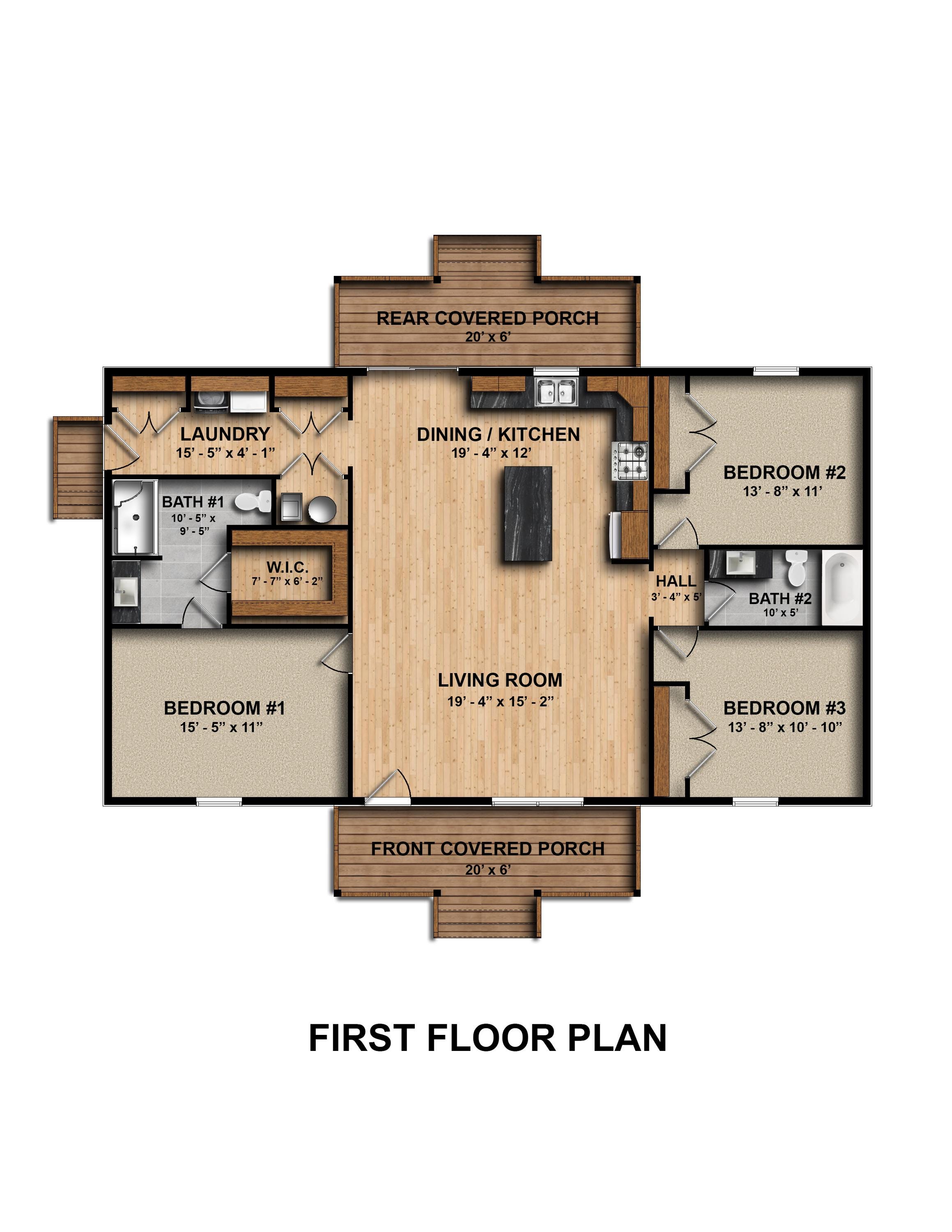 50' X 28.5' Pinebark Ranch House Plan | 3 Bedroom 2 Bath Single Story ...