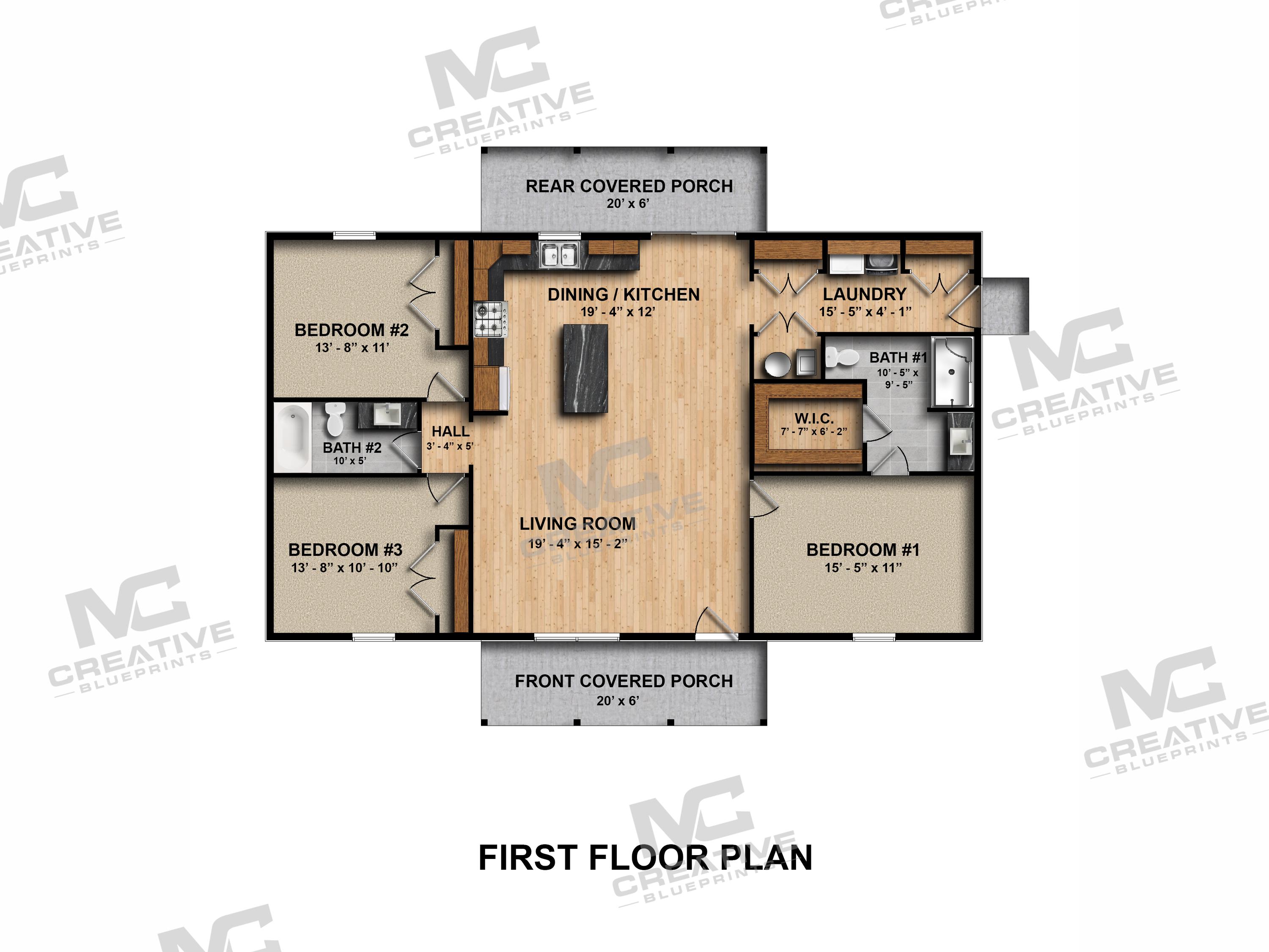 50' X 28.5' Pinebark Ranch House Plan (reversed) | 3 Bedroom 2 Bath ...