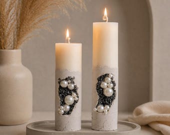 Black Decor Candle with Pearls, Geode Pillar Candle for Luxe Home Accents