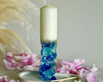 Blue Crystal Pillar Candle, Statement Candle for Home Decor