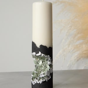 concrete pillar candle with crystal & silver leaf and cement - handmade home decor, minimalist gift, unique sculptural art, modern gift idea
