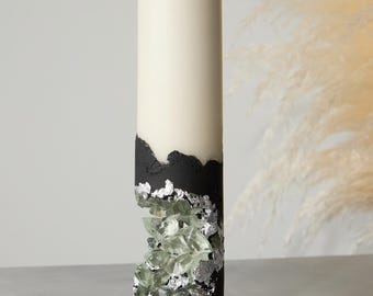 Handmade Pillar Candle with Crystals, Silver & Gold Leaf Decor - Luxury Home Decor
