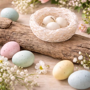 White and brown bird nest candles with speckled eggs, Easter table decor