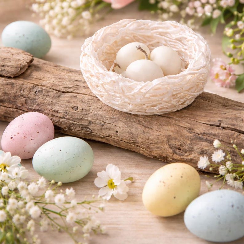 White and brown bird nest candles with speckled eggs, Easter table decor