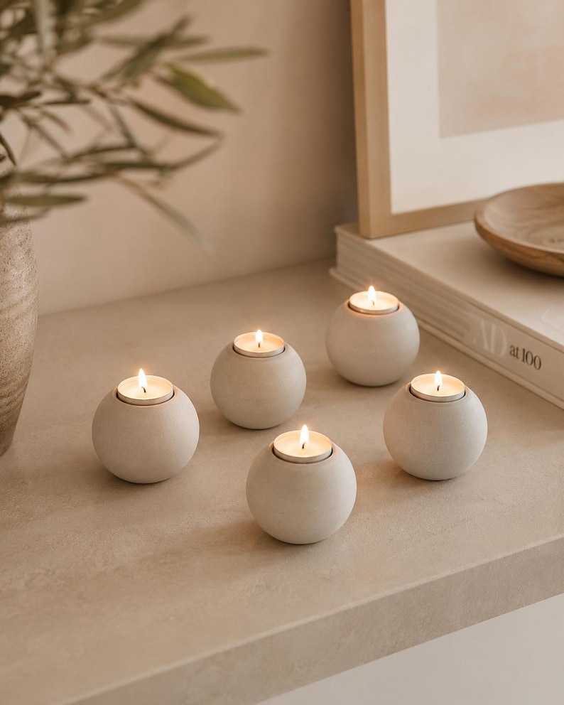 Round Tea Light Holder, Concrete Candle Holder for Table and Bathroom Decor