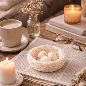 White nest egg candle on coffee table, neutral spring home decor