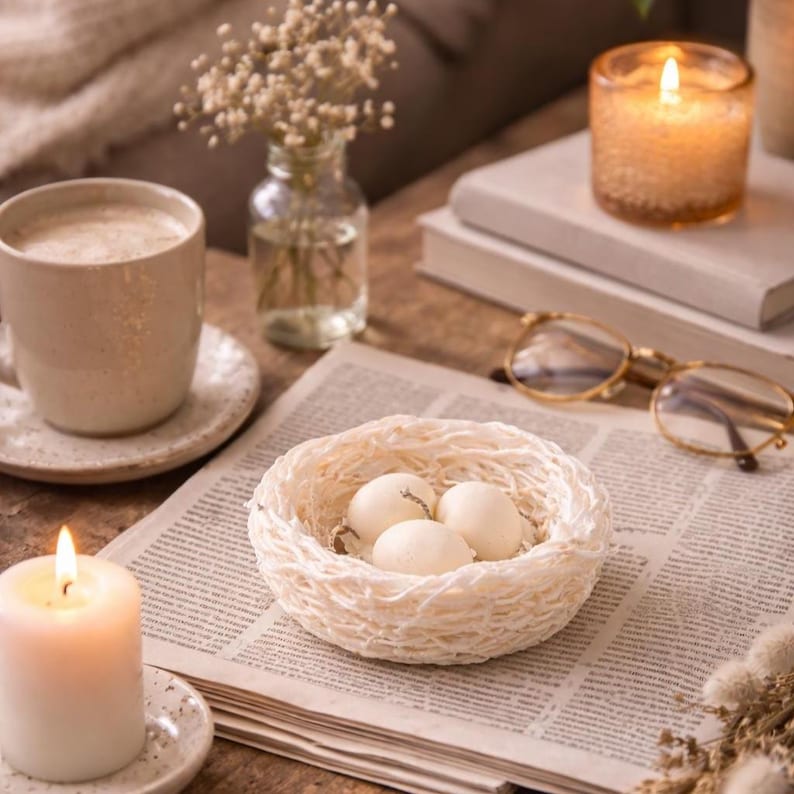 White nest egg candle on coffee table, neutral spring home decor