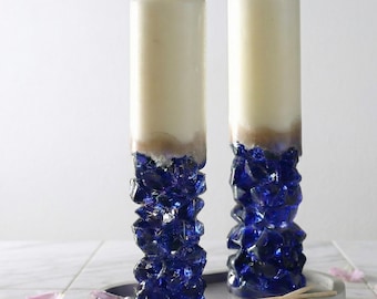 Navy Blue Pillar Candle with Crystal Glass Base – Decorative Gift