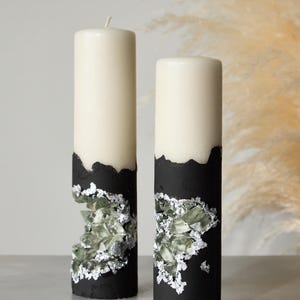 Luxury stone-based pillar candle set – handmade home decor with natural crystals and silver foil, modern minimalist centerpiece,elegant gift
