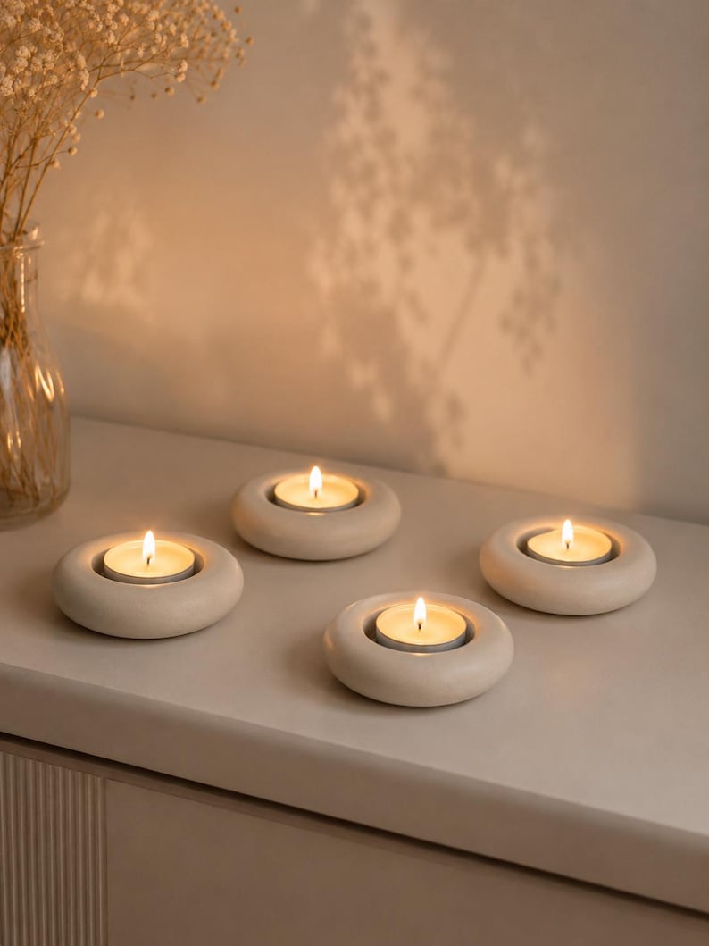 Minimalist Concrete Candle Holder, Modern Tealight Holder for Neutral Decor