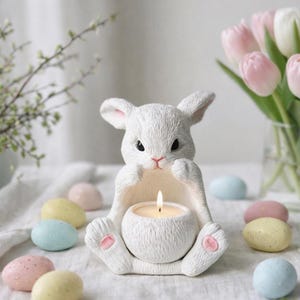 May include: A white ceramic bunny-shaped candle holder with a lit candle. The bunny is holding a round candle holder. Pastel-colored Easter eggs are scattered around the base. A vase of pink and white tulips is in the background.
