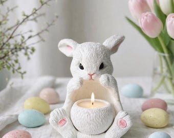 Osterhasen-Kerzenhalter, Frühlings-Kerzenhalter, Teelichthalter des weißen Kaninchens, abnehmbare Bauch-Schale, optionale duftende Nachfüllung