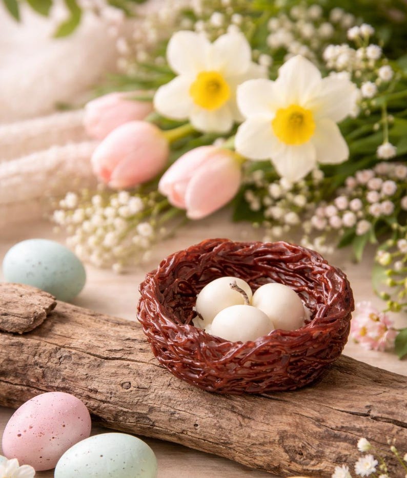 Easter bird nest candle with eggs on rustic wood, spring decor centerpiece