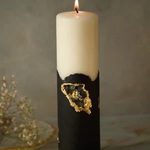 Concrete pillar candle black and white, handmade luxury decor with gold accent, sculptural glass base, minimalist modern home gift for her
