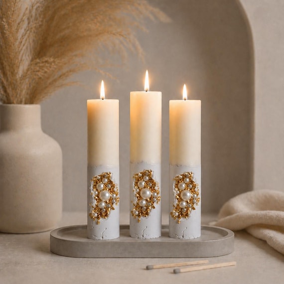 Pearl Candle with Gold Accents for Elegant Table Decor and Wedding Centerpieces