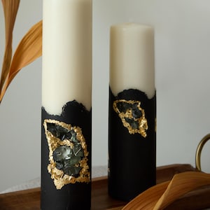 Handmade pillar candle set with black cement base, natural glass and  14K gold, white unscented wax, luxury minimalist decor