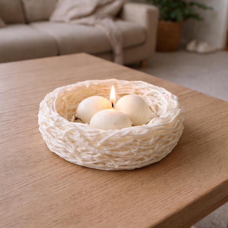 White and brown egg nest candles side by side, handmade Easter gift