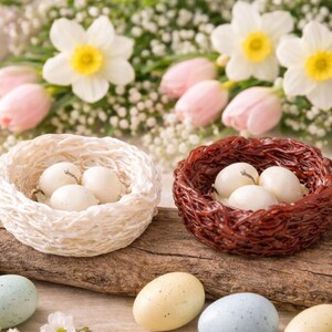 White and brown egg nest candles side by side, handmade Easter gift