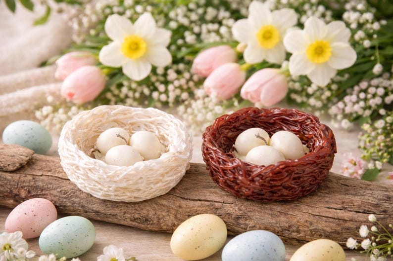 White and brown egg nest candles side by side, handmade Easter gift