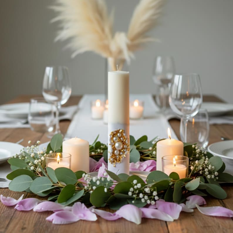 Pearl Candle with Gold Accents for Elegant Table Decor and Wedding Centerpieces