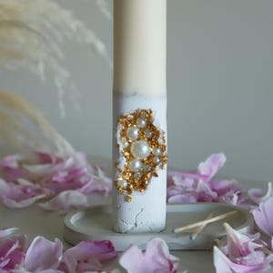 Pearl Candle with Gold Accents for Elegant Table Decor and Wedding Centerpieces