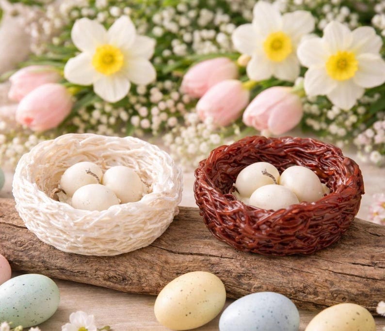Hand holding Easter nest candle with pastel eggs, handmade spring wax decor