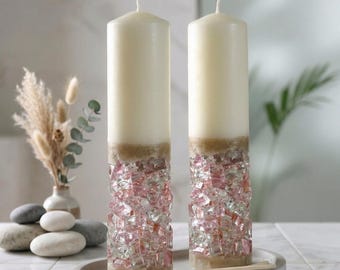 Vela cilíndrica rosa con base de cristal - Regalo decorativo estético para ella.