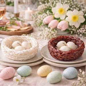 Two nest egg candles with pastel Easter eggs and flowers, spring display