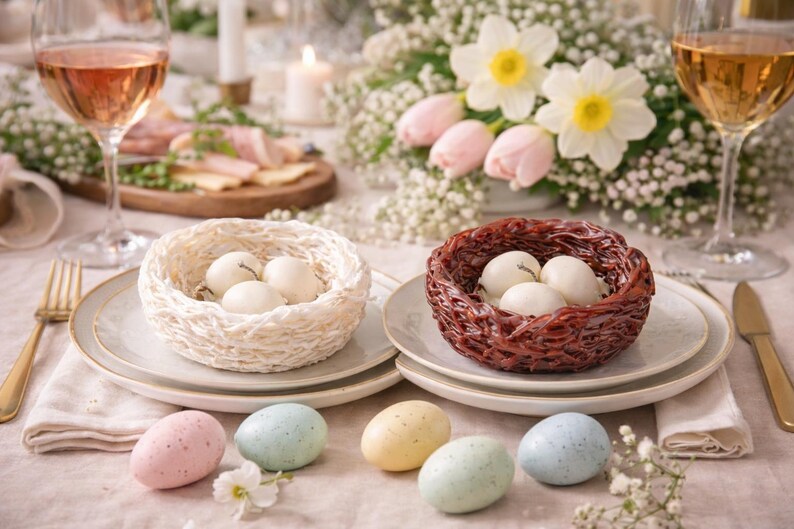 Two nest egg candles with pastel Easter eggs and flowers, spring display