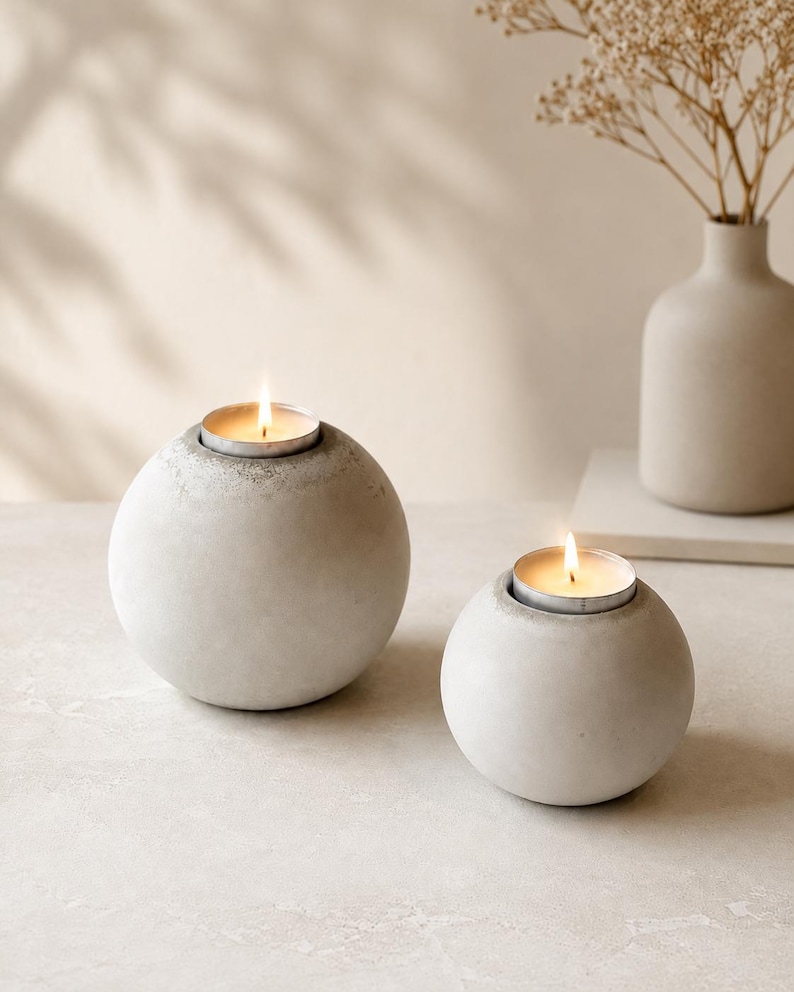Round Tea Light Holder, Concrete Candle Holder for Table and Bathroom Decor
