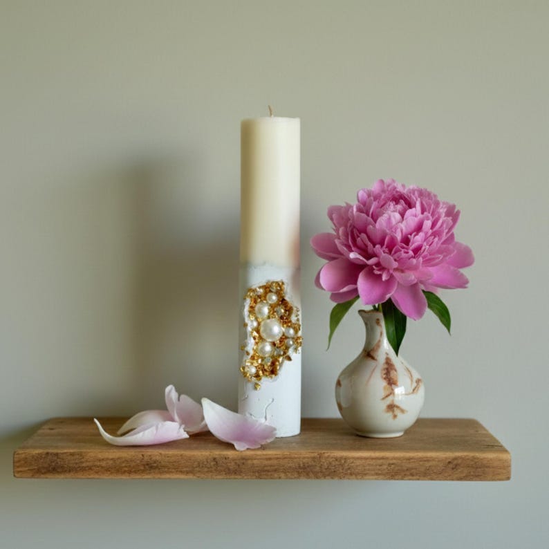 Pearl Candle with Gold Accents for Elegant Table Decor and Wedding Centerpieces