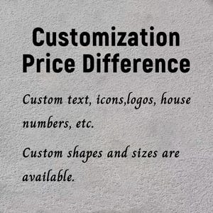 May include: Image with text: "Customization Price Difference." The text continues with "Custom text, icons, logos, house numbers, etc." and "Custom shapes and sizes are available." The background is a textured, light gray surface.