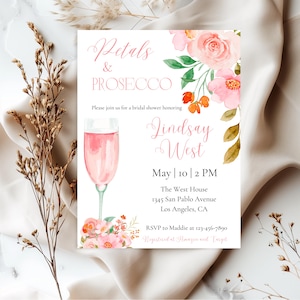 Elegant Petals and Prosecco Bridal Shower Invitation, Charming Tea Party Invitation, Editable Petals and Prosecco Bridal Shower Invitation